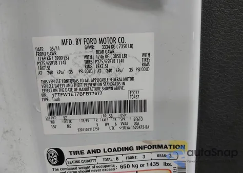 2011 Ford F-150 Xlt from USA, damaged, VIN 1FTFW1ET7BFB77677